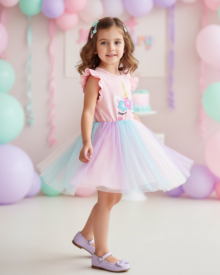 pink unicorn flutter sleeve tutu dress - three-quarter
