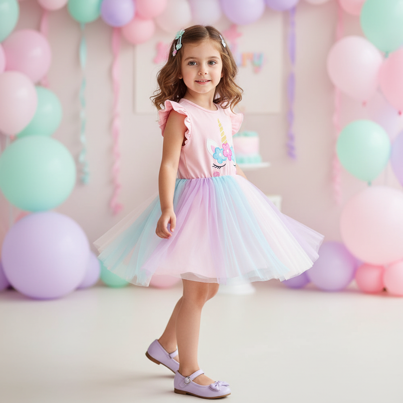 pink unicorn flutter sleeve tutu dress - three-quarter