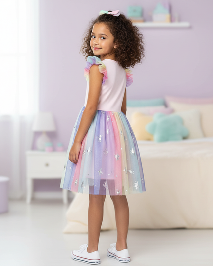 pink unicorn foil print mesh dress - back
