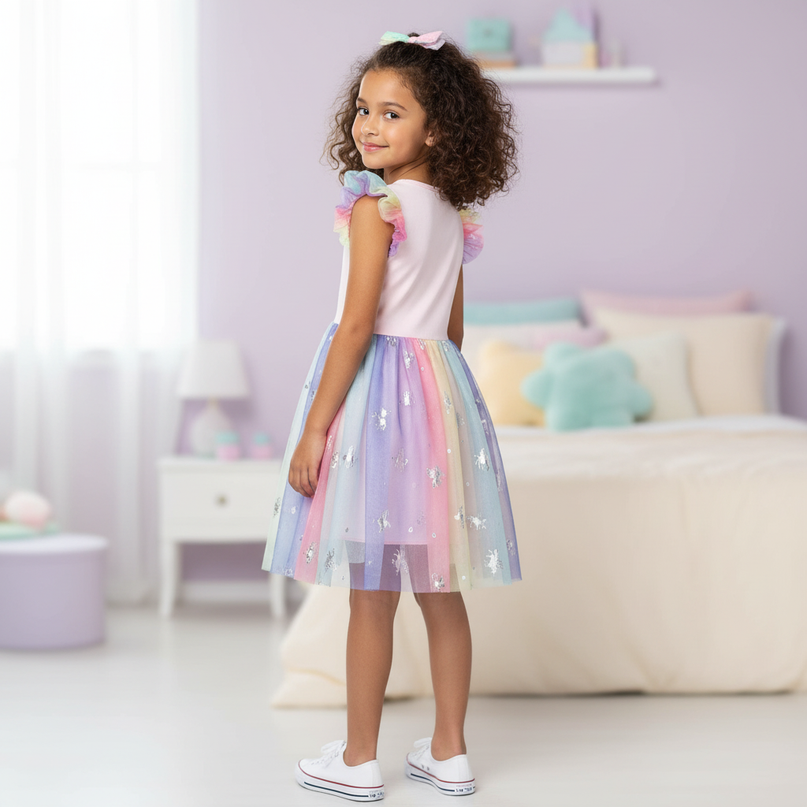 pink unicorn foil print mesh dress - back