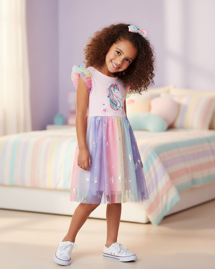 pink unicorn foil print mesh dress - detail