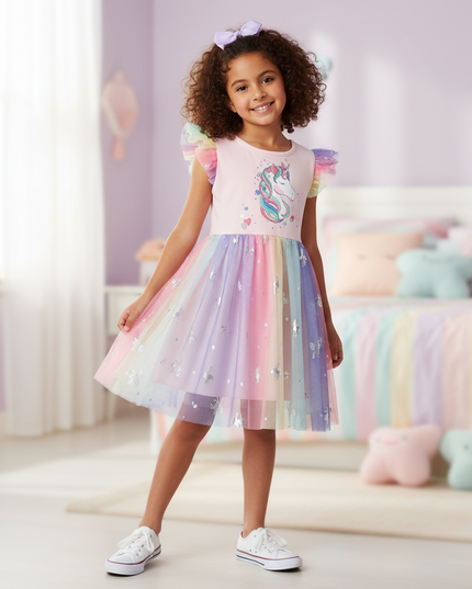 pink unicorn foil print mesh dress - front