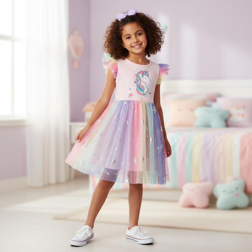 pink unicorn foil print mesh dress - front