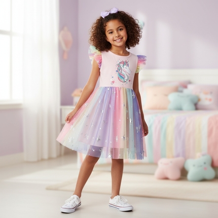 pink unicorn foil print mesh dress - front