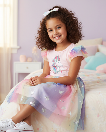 pink unicorn foil print mesh dress - sitting