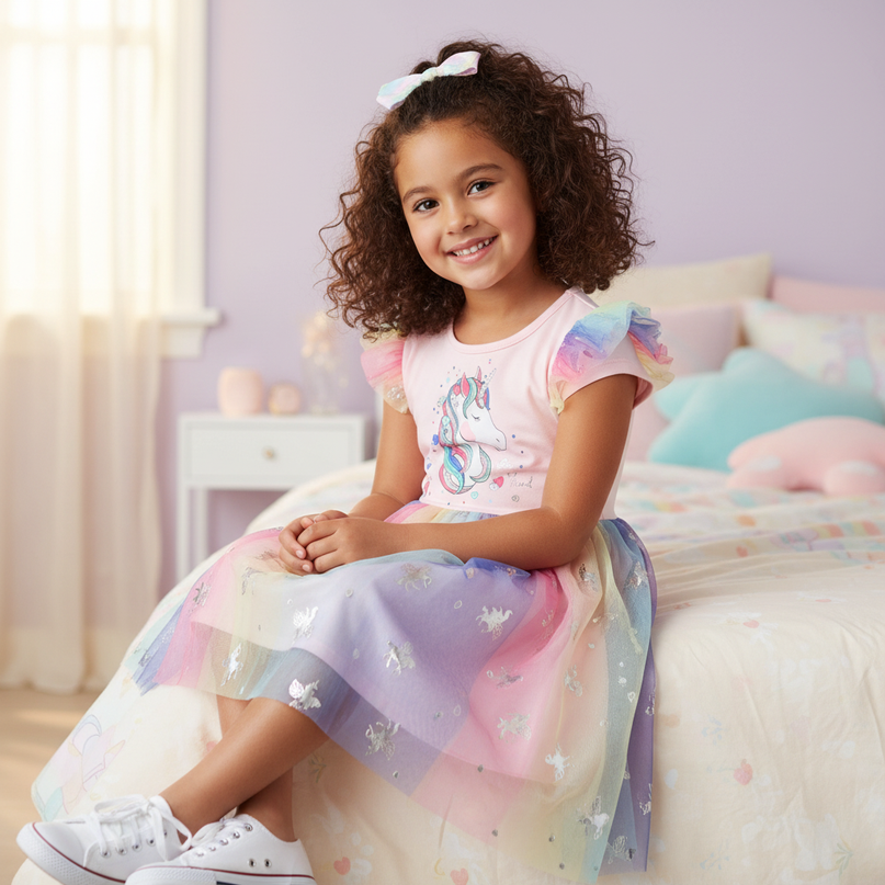 pink unicorn foil print mesh dress - sitting