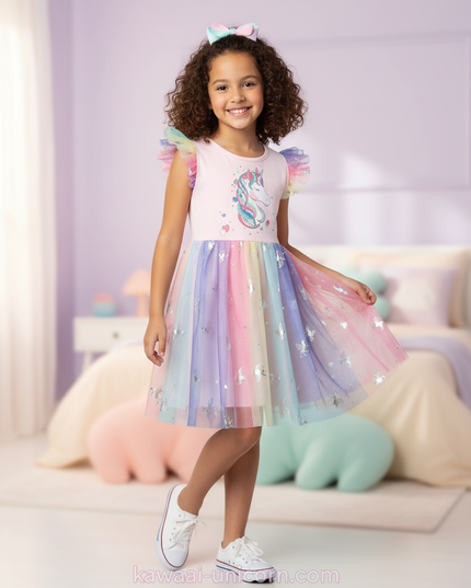 pink unicorn foil print mesh dress - three-quarter