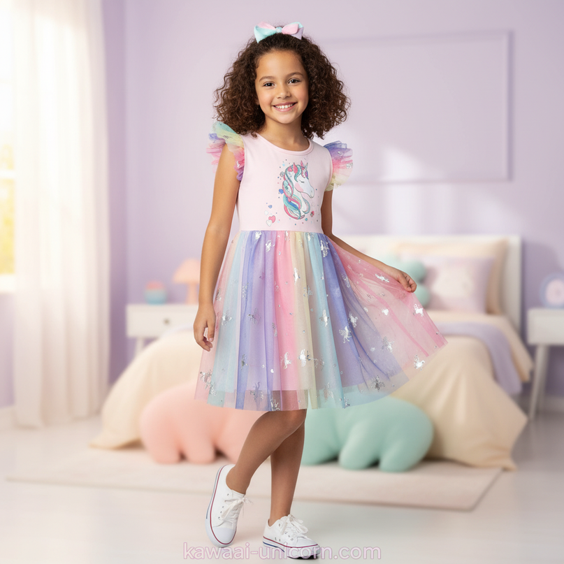 pink unicorn foil print mesh dress - three-quarter