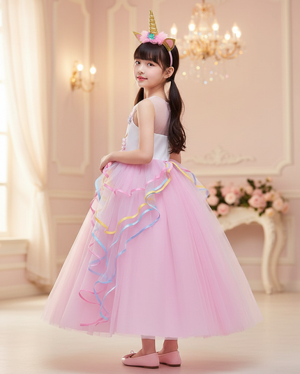 pink unicorn formal dress girls - back