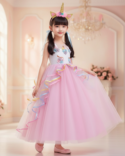 pink unicorn formal dress girls - front