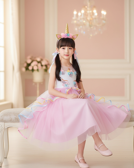 pink unicorn formal dress girls - sitting