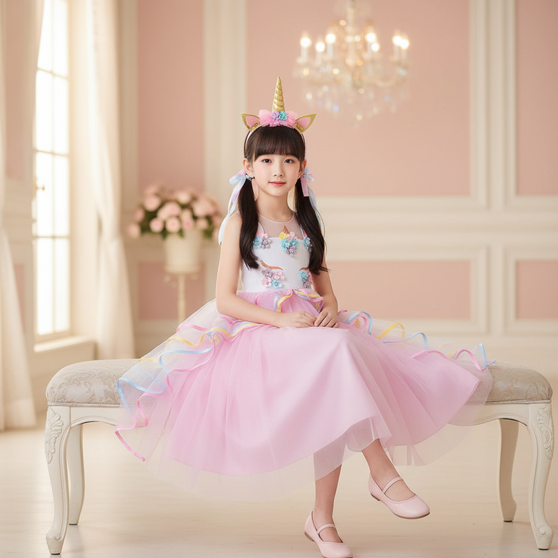 pink unicorn formal dress girls - sitting