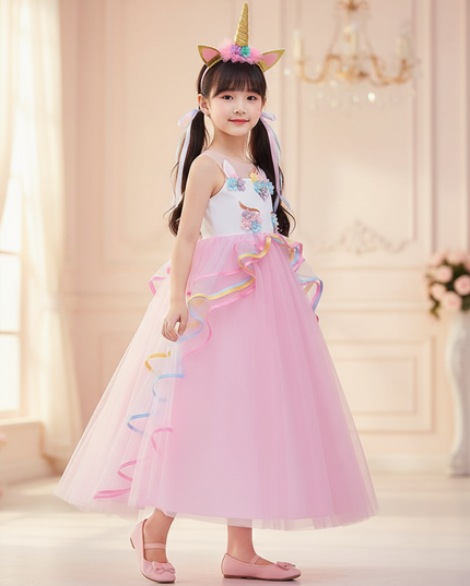 pink unicorn formal dress girls - three-quarter