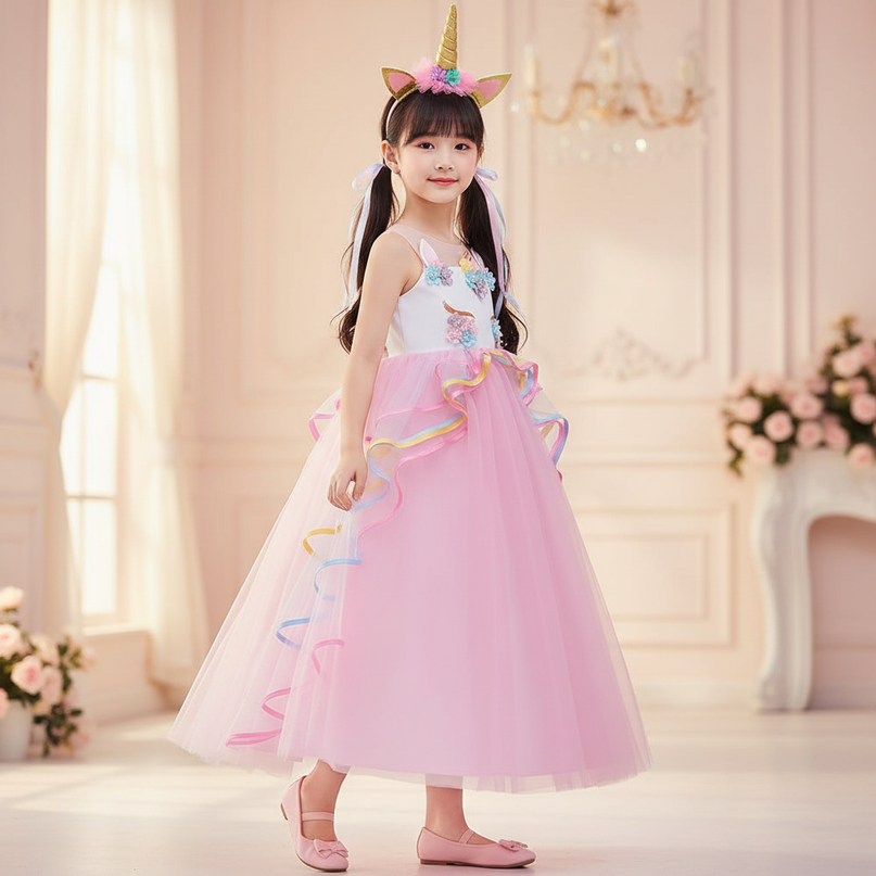 pink unicorn formal dress girls - three-quarter