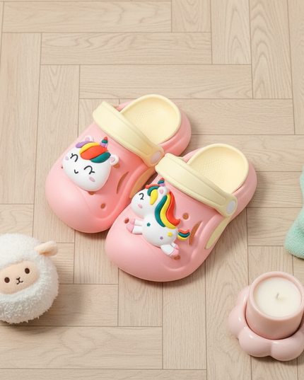pink unicorn garden slippers - flat-lay