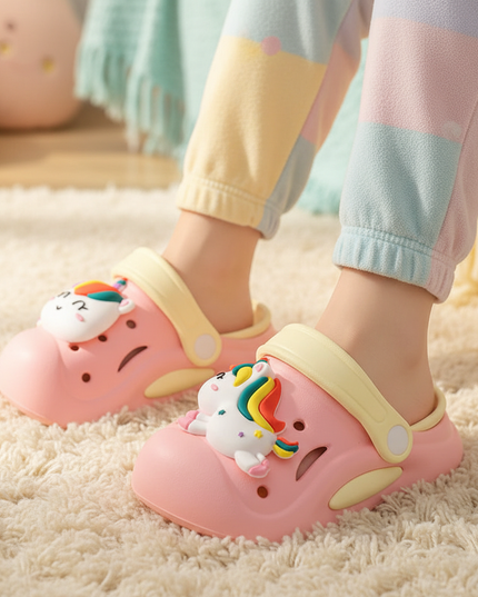 pink unicorn garden slippers - in-use