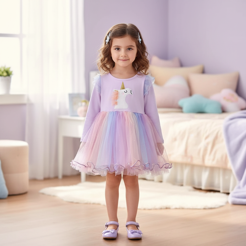 pink unicorn gauze patchwork dress - detail