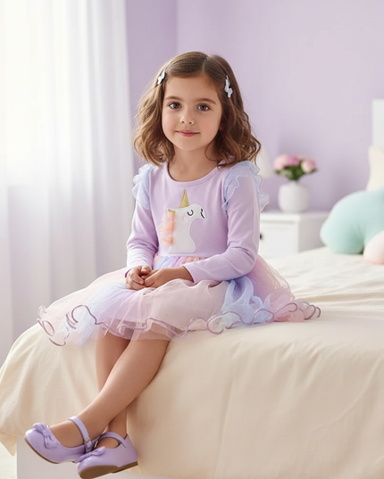 pink unicorn gauze patchwork dress - sitting