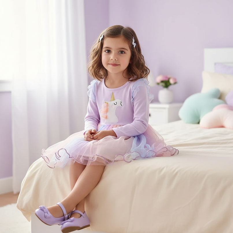 pink unicorn gauze patchwork dress - sitting