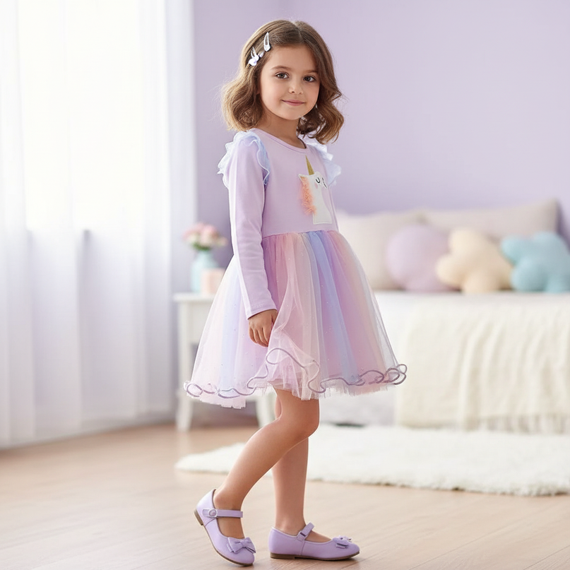 pink unicorn gauze patchwork dress - three-quarter