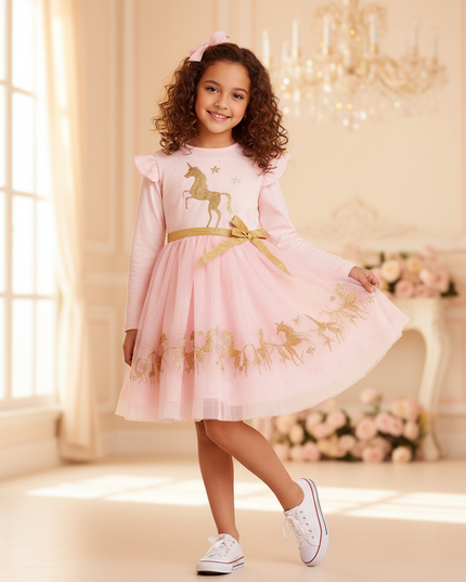 pink unicorn gold glitter tutu dress - front