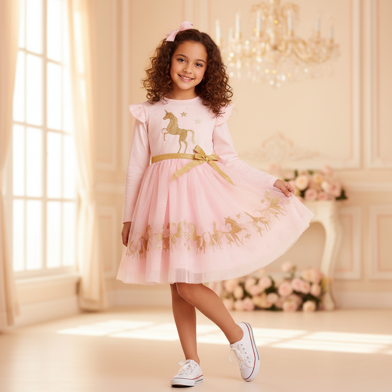 pink unicorn gold glitter tutu dress - front