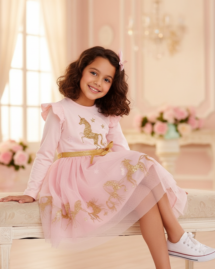 pink unicorn gold glitter tutu dress - sitting