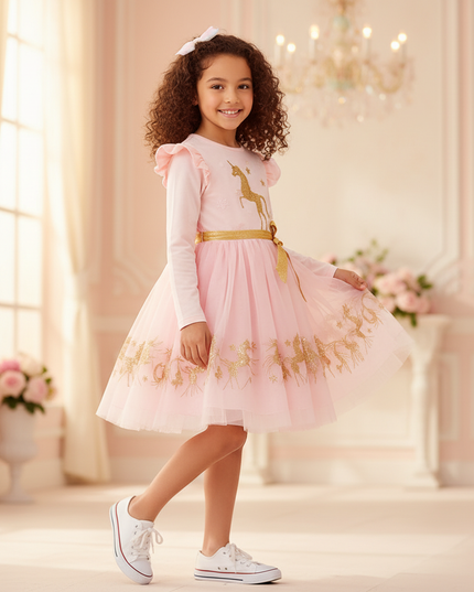 pink unicorn gold glitter tutu dress - three-quarter