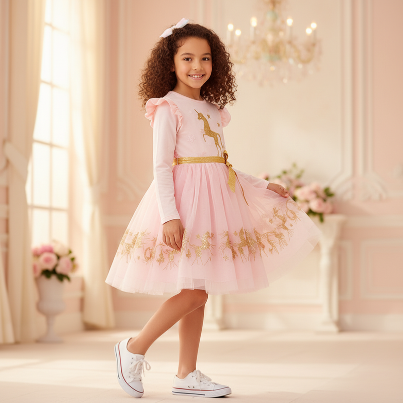 pink unicorn gold glitter tutu dress - three-quarter