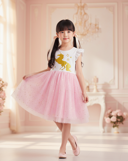 pink unicorn gold star tutu dress - front