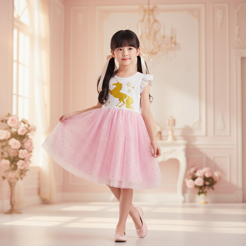 pink unicorn gold star tutu dress - front
