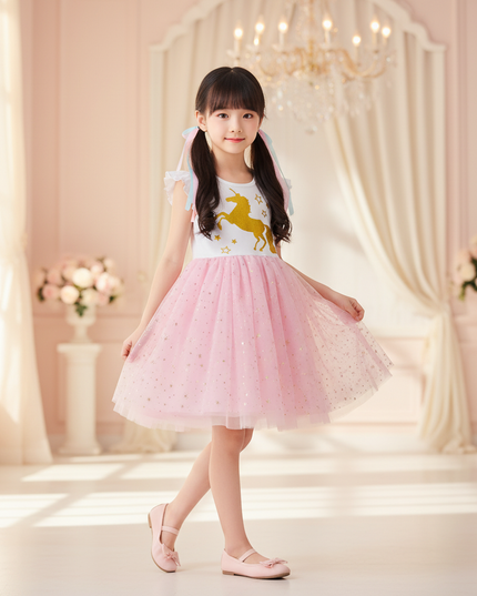 pink unicorn gold star tutu dress - three-quarter