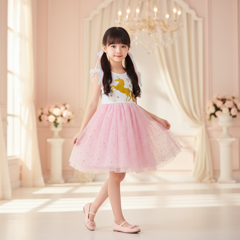 pink unicorn gold star tutu dress - three-quarter