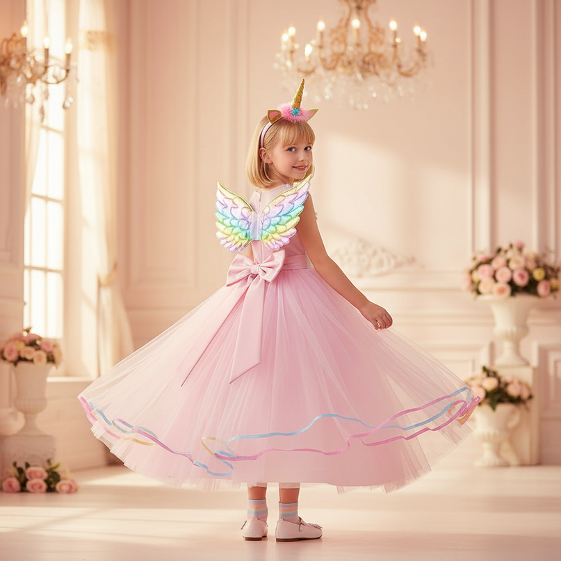 pink unicorn gown dress set girls - back