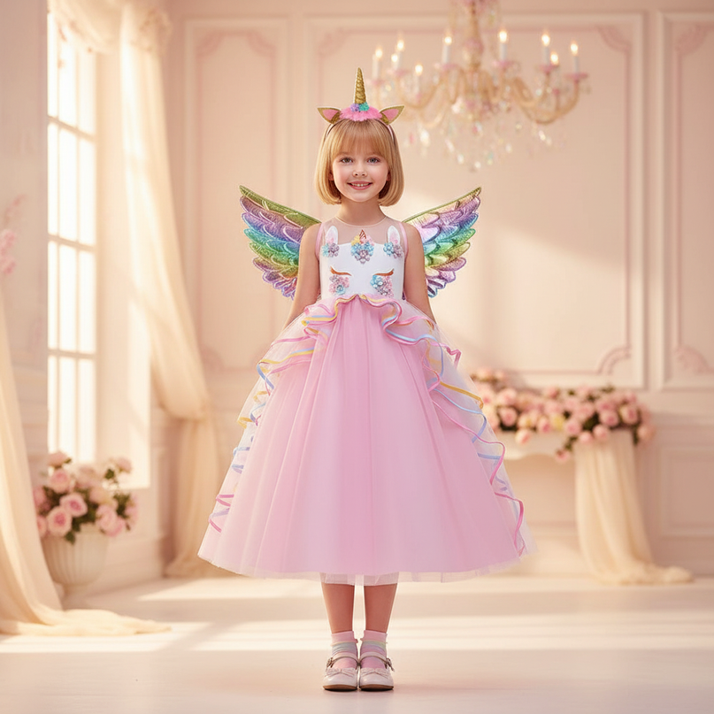 pink unicorn gown dress set girls - detail