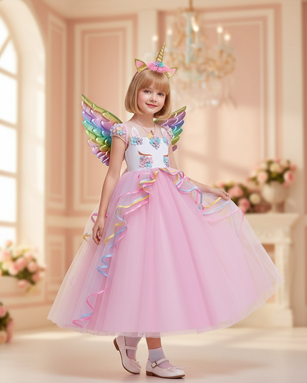 pink unicorn gown dress set girls - front