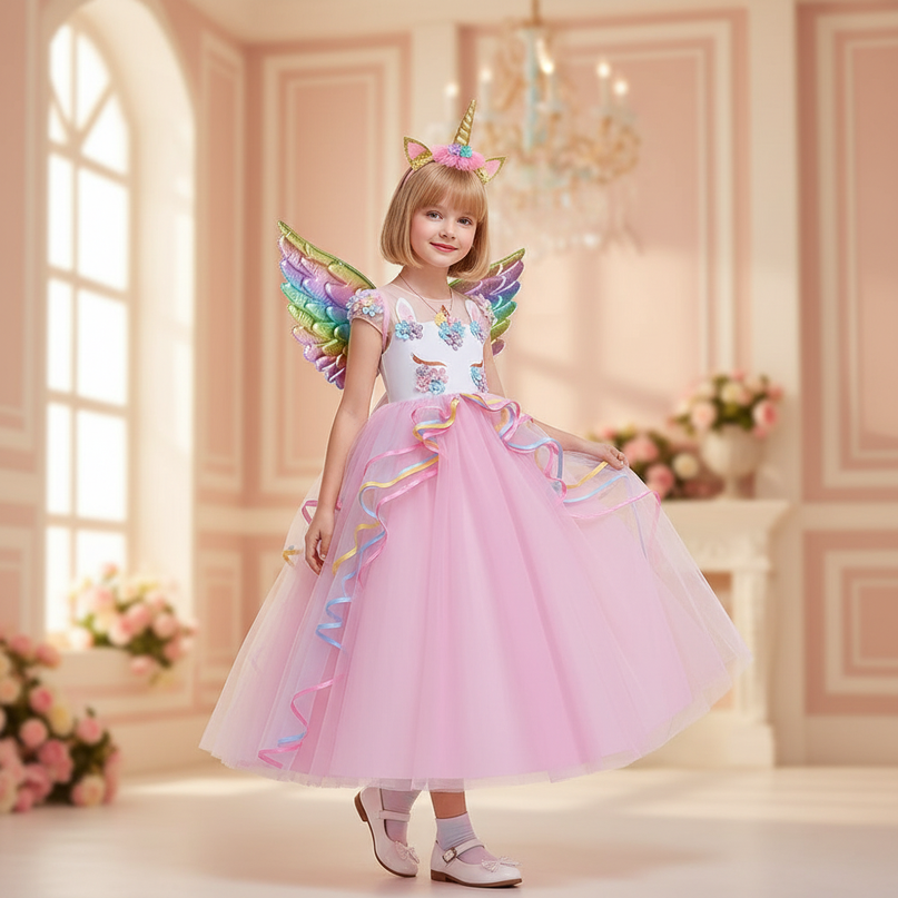 pink unicorn gown dress set girls - front