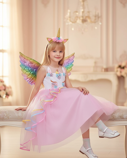 pink unicorn gown dress set girls - sitting