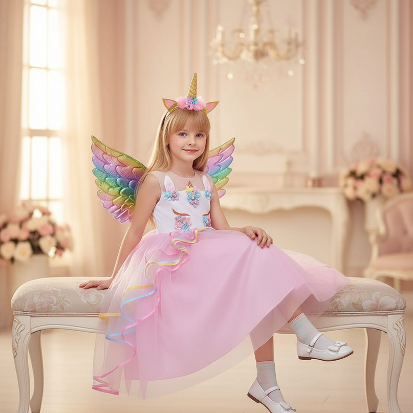 pink unicorn gown dress set girls - sitting