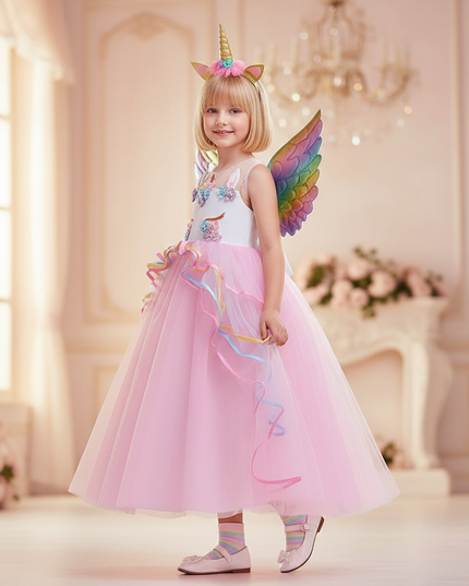 pink unicorn gown dress set girls - three-quarter
