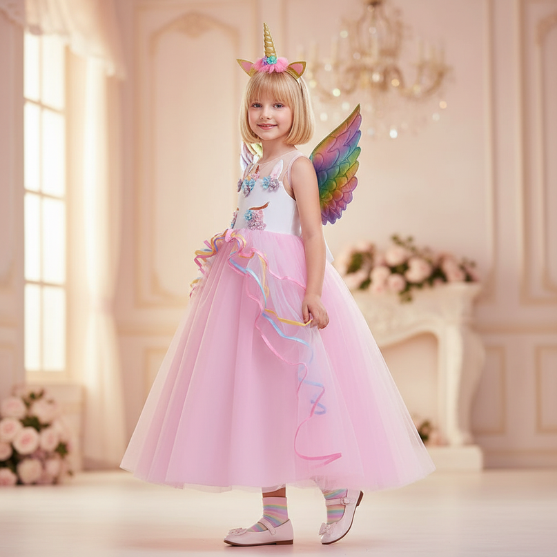 pink unicorn gown dress set girls - three-quarter