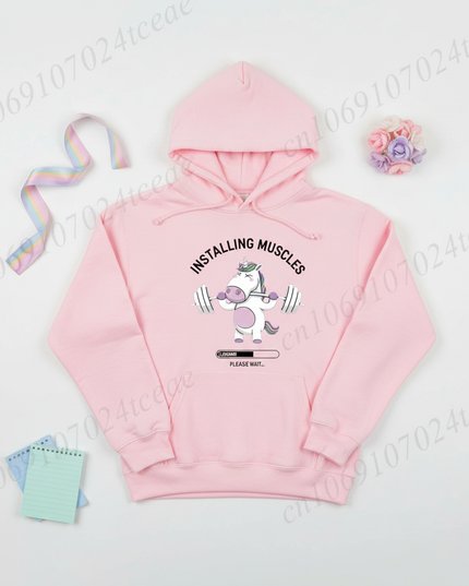 pink unicorn gym hoodie - flat-lay