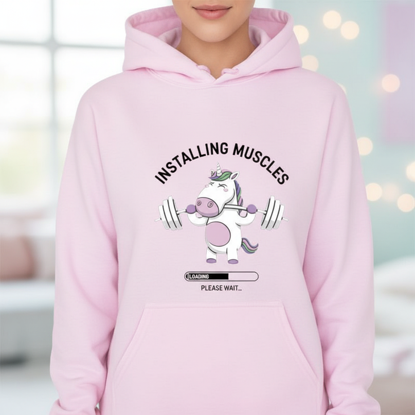 pink unicorn gym hoodie - lifestyle