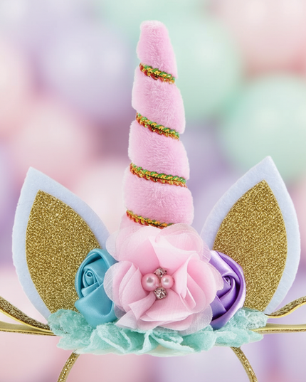 pink unicorn headband flowers - detail