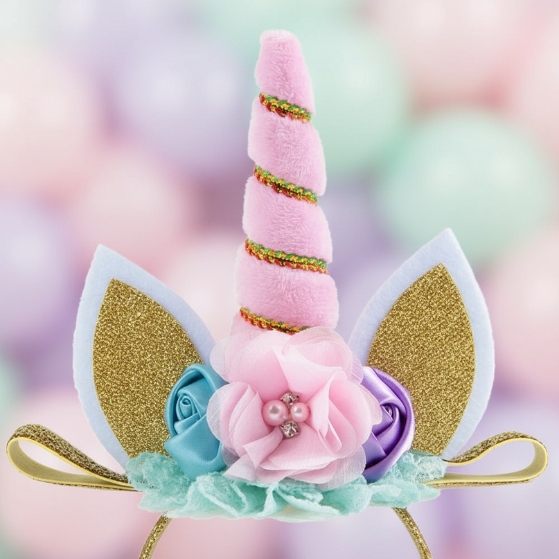 pink unicorn headband flowers - detail