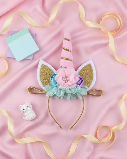pink unicorn headband flowers - flat-lay