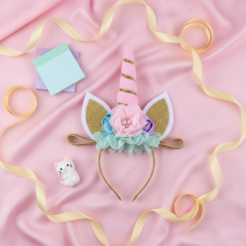 pink unicorn headband flowers - flat-lay