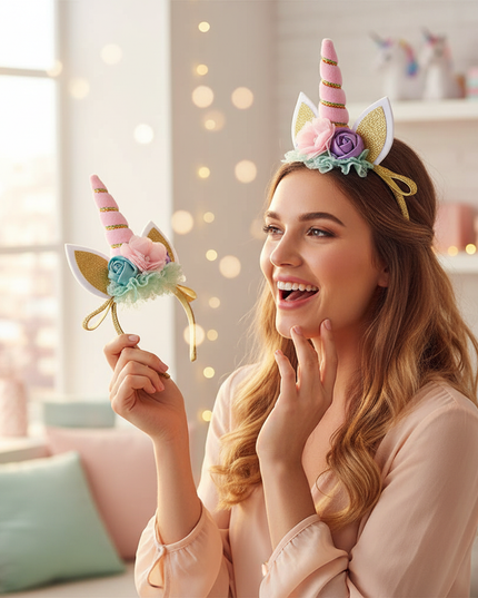 pink unicorn headband flowers - in-use