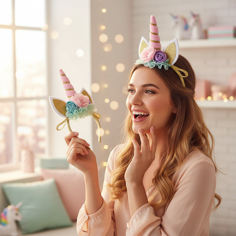 pink unicorn headband flowers - in-use