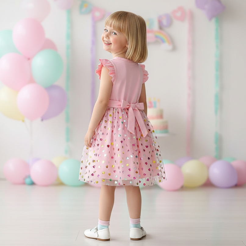 pink unicorn heart confetti dress - back